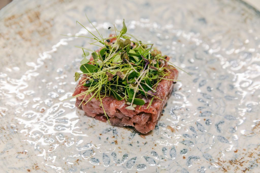 Un cubetto di bistecca scottata, guarnito con microverdure, adagiato su un piatto di ceramica testurizzata.