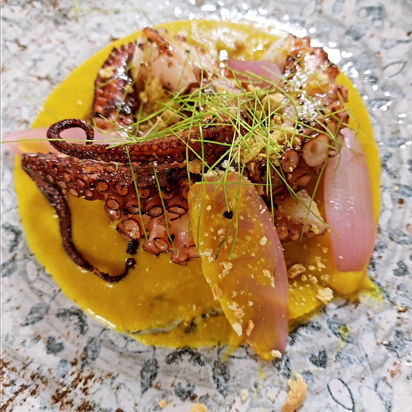 Piatto di tentacoli di polpo con purea gialla, cipolle sottaceto, erbe aromatiche e salsa su un tavolo maculato.