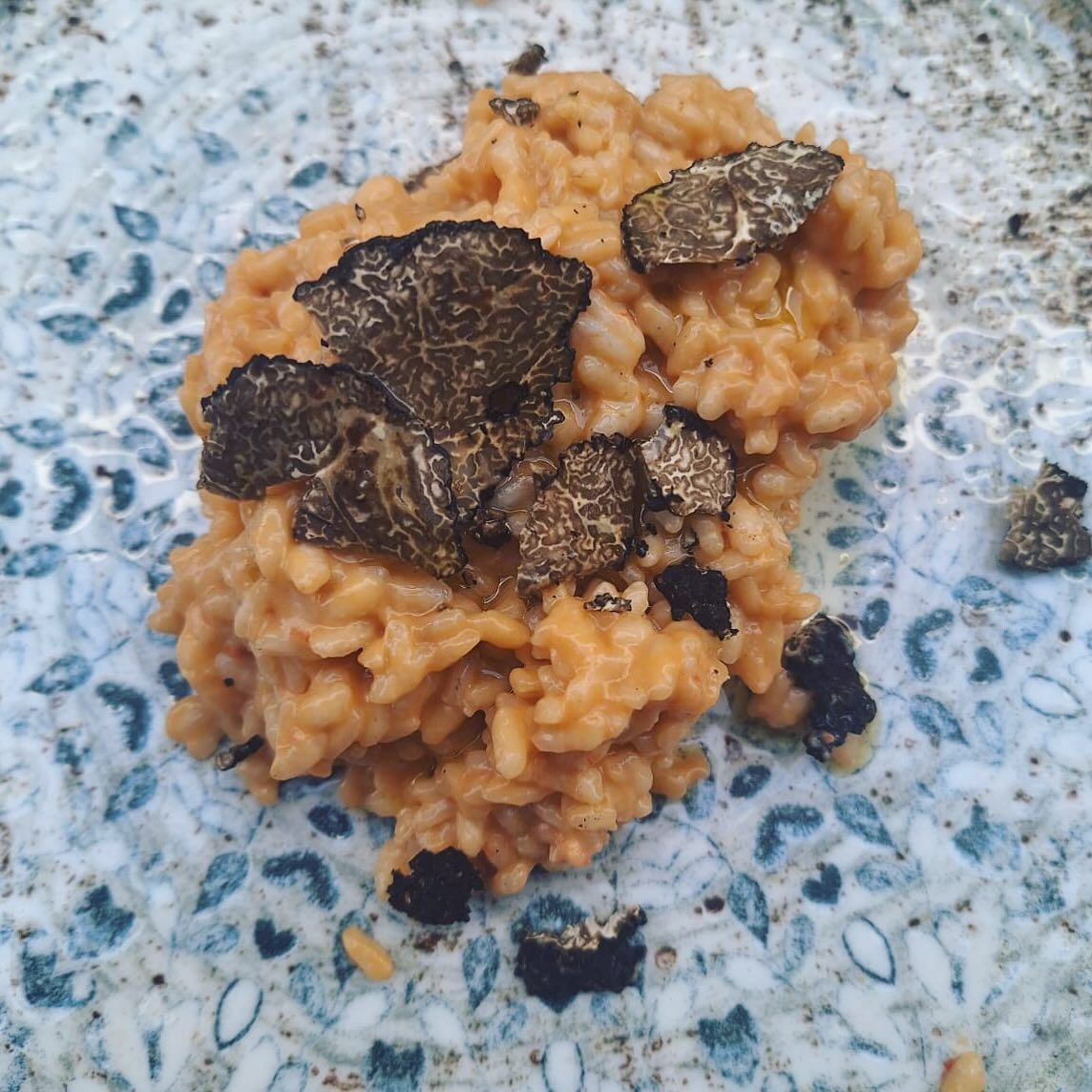 Piatto di riso con fettine di tartufo nero su un piatto blu e bianco.