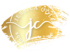 Gold logo: "JC" script in a circle with "Jessica Colby" text on a golden brushstroke background.