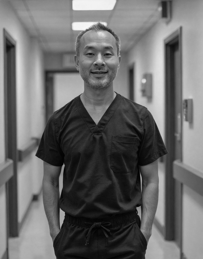 A person in dark scrubs standing in a hospital hallway, hands in their pockets, smiling at the camera.
