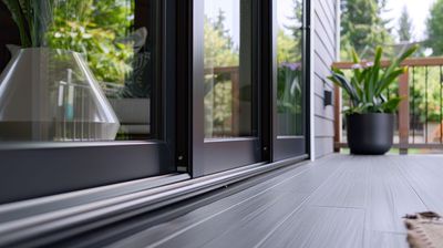 Modern patio with black-framed sliding doors, gray wood floor, and potted plants by the windows. Modern patio with black-framed sliding doors, gray wood floor, and potted plants by the windows.