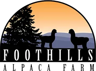 A logo for foothills alpaca farm with two alpacas and a tree