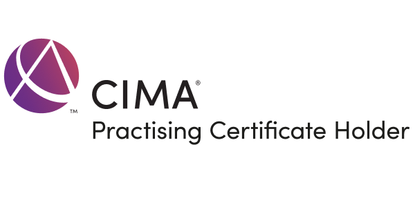 CIMA Practising Certificate Holder logo with a purple and pink globe with the CIMA text below.