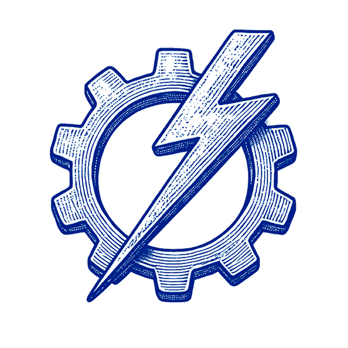 Blue gear with lightning bolt through it.