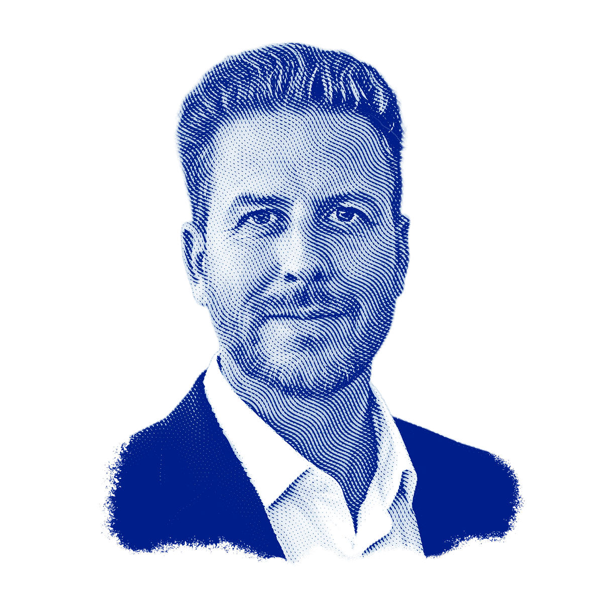 Man in blazer and open-collared shirt; blue halftone illustration portrait.