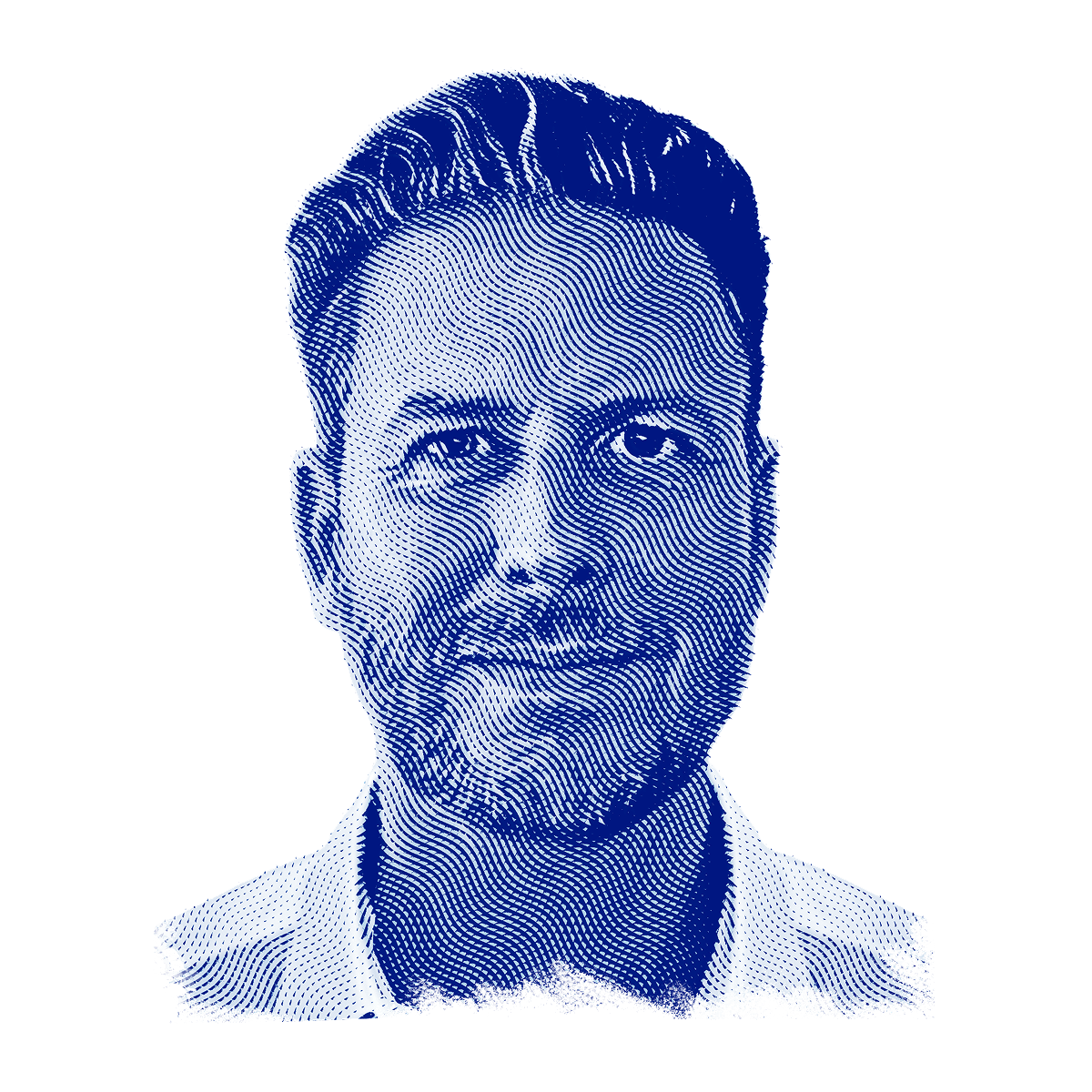 Man with short hair and a beard, smiling slightly; blue halftone effect.