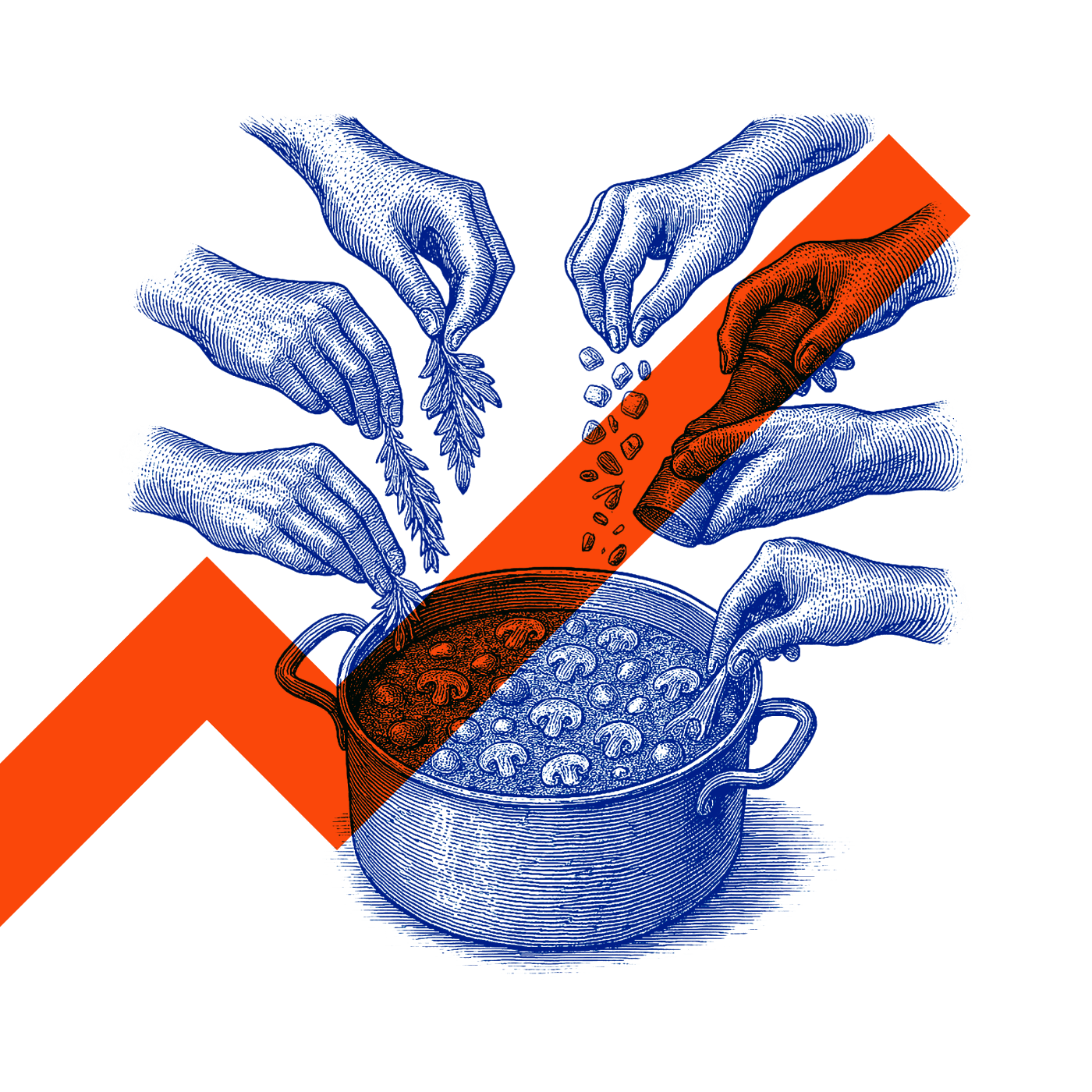 Hands adding ingredients to a pot; an orange diagonal line crosses image.