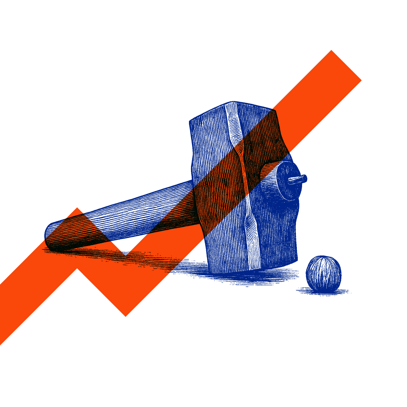 A large hammer with a red and blue striped handle, next to a blue sphere, with an orange upward-sloping line.