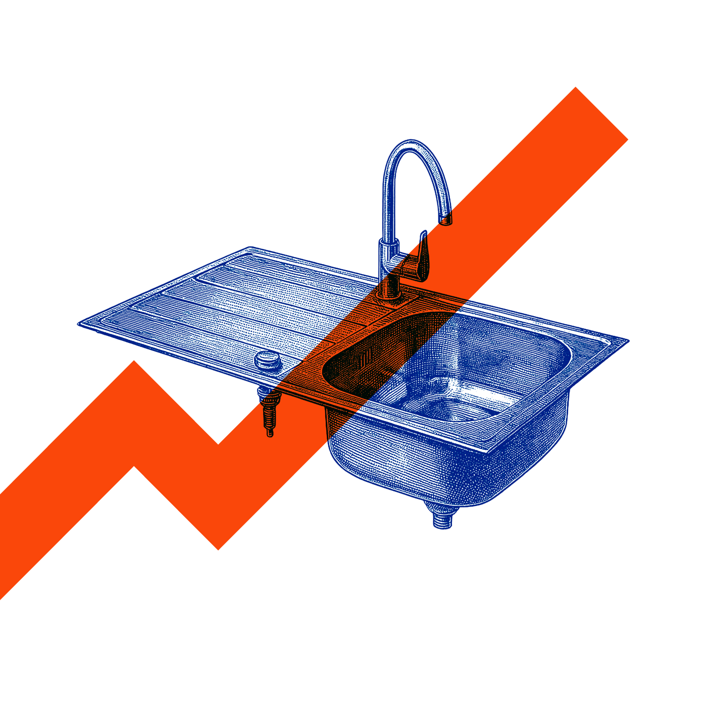 Kitchen sink with a blue outline, overlaid by a diagonal orange rising line, possibly representing growth.
