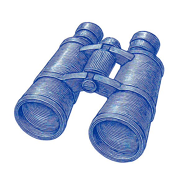 Blue-ink drawing of binoculars with detailed cross-hatching.