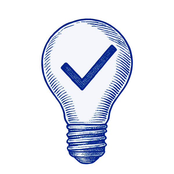 Blue lightbulb with a blue checkmark inside, drawn with cross-hatching.