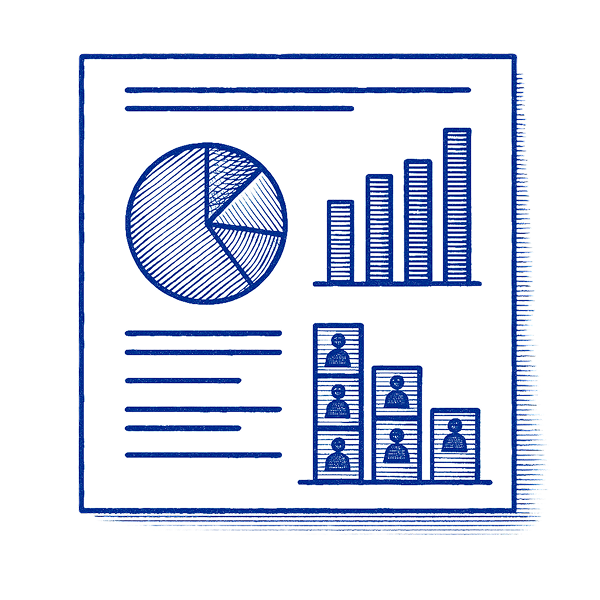 Report with pie chart, bar graphs, and human figures, likely showing data analysis.