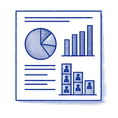 Report with pie chart, bar graphs, and human figures, likely showing data analysis.