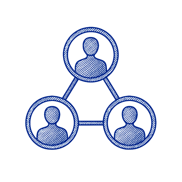 Three people in circles connected by lines, representing a network or collaboration.