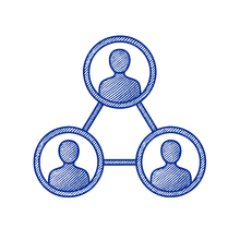 Three people in circles connected by lines, representing a network or collaboration.