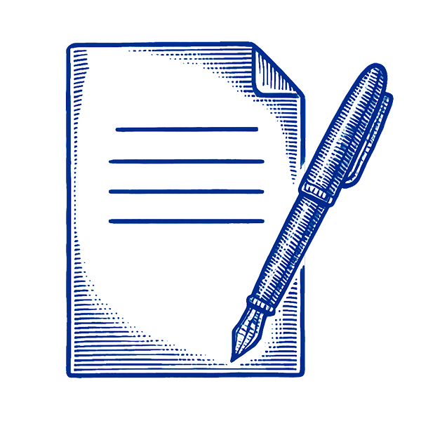 Blue sketch of a paper document with lines and a fountain pen, ready to write.