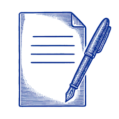 Blue sketch of a paper document with lines and a fountain pen, ready to write.