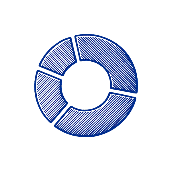 Blue pie chart with four sections, showing data distribution.
