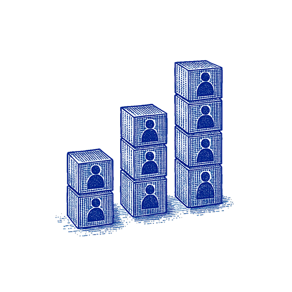 Three blue stacks of blocks, each with a person icon, illustrating upward growth.