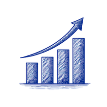Blue hand-drawn bar graph with ascending bars, and a curved arrow pointing upwards, symbolizing growth.