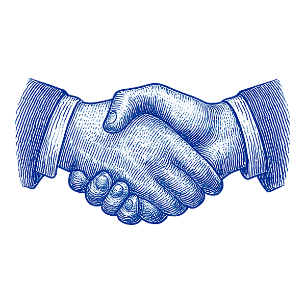 Two hands, blue crosshatch illustration, shaking in agreement.