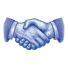 Two hands, blue crosshatch illustration, shaking in agreement.