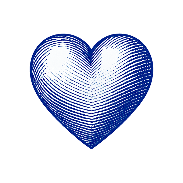 Blue heart with crosshatching.