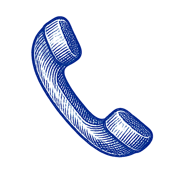 Blue, hand-drawn illustration of a telephone receiver.