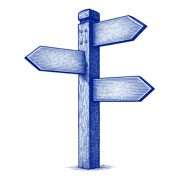 Blue wooden signpost with three directional arrows.