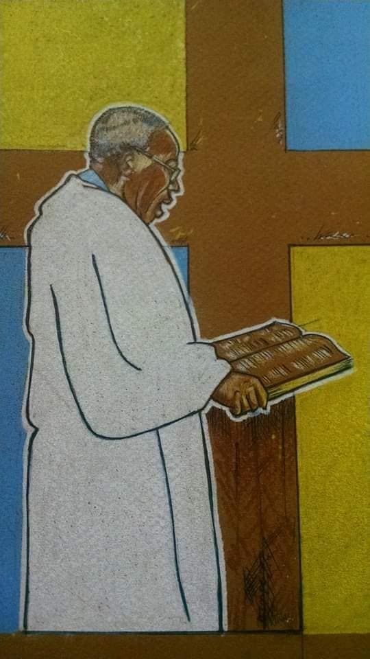 A painting of a man reading a bible with a cross in the background
