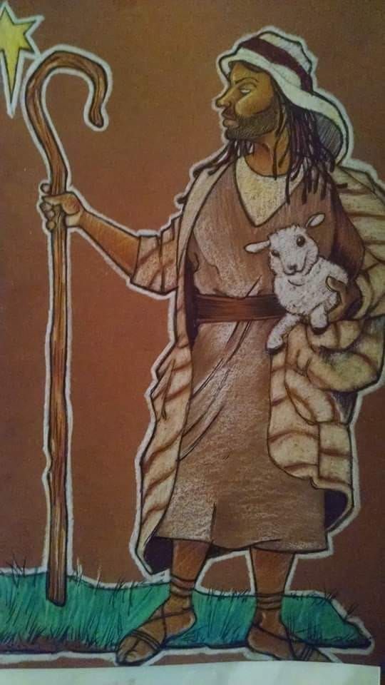 A drawing of a shepherd holding a sheep and a cane.
