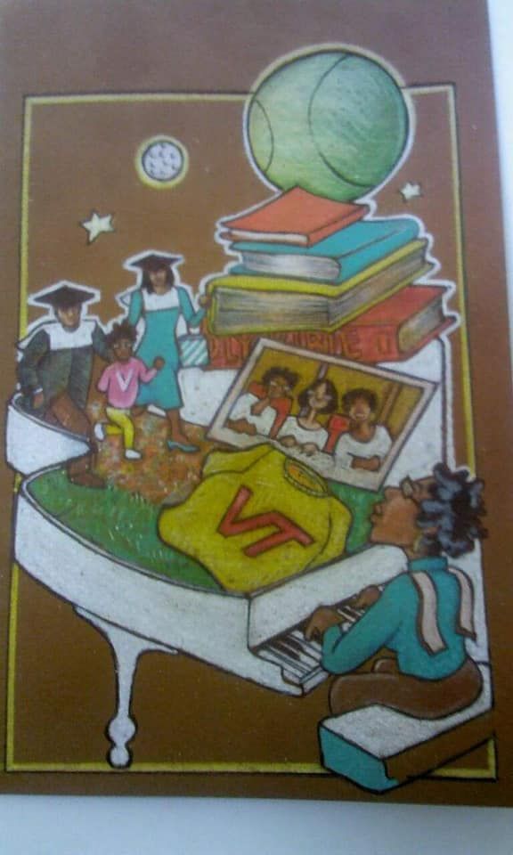 A drawing of a woman playing a piano with a vt shirt on