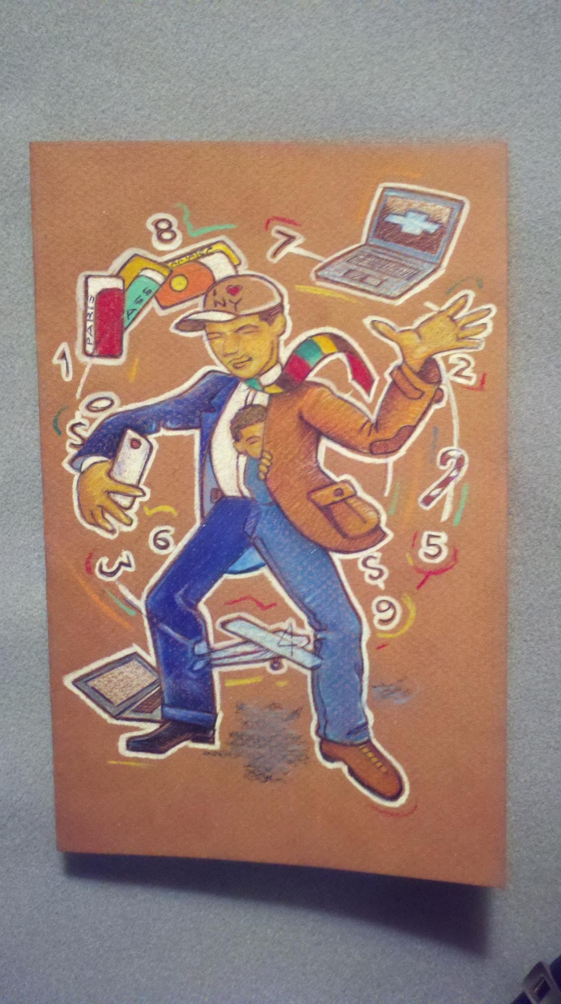 A cartoon drawing of a man juggling various items