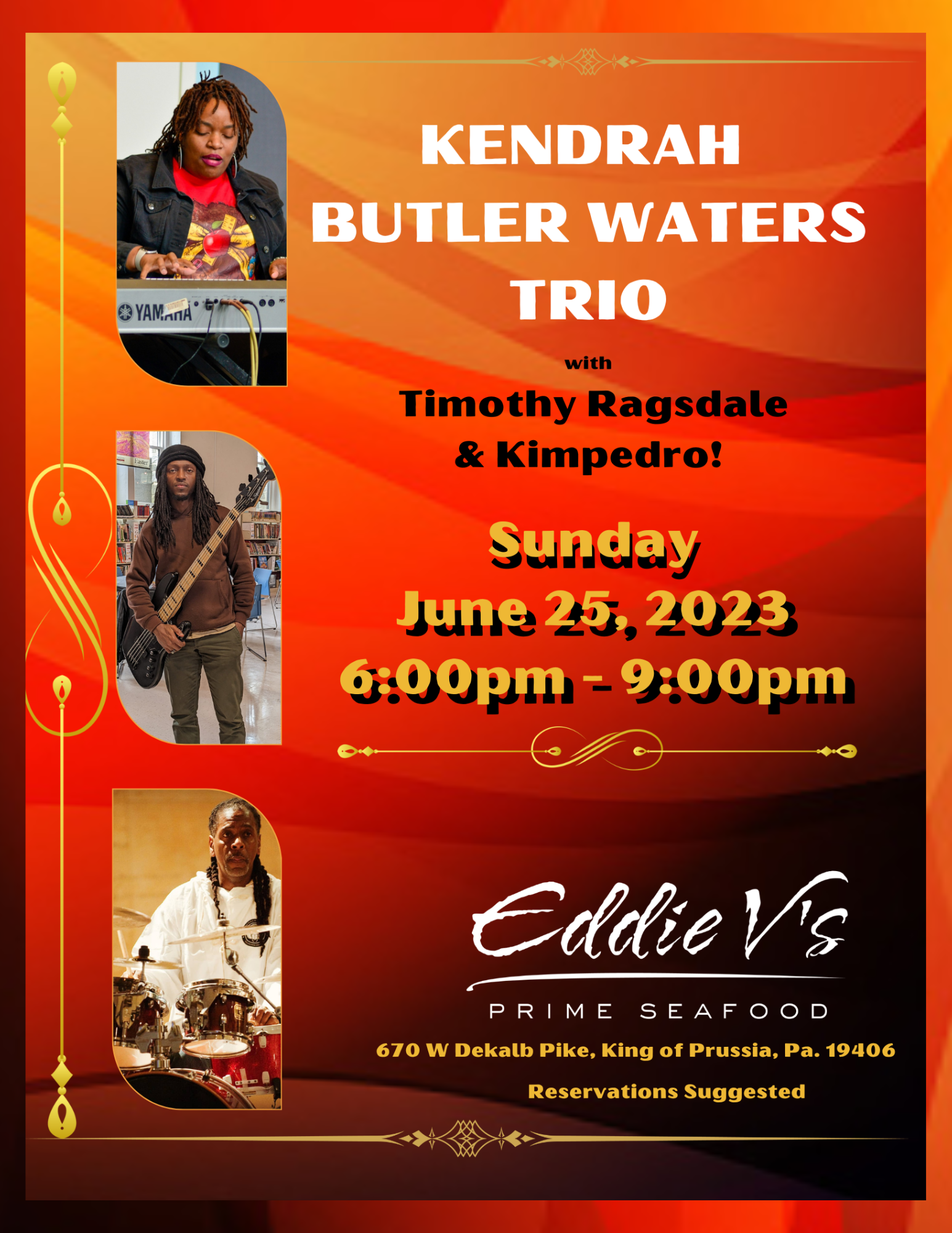 A poster for kendra butler waters trio at eddie 's prime seafood