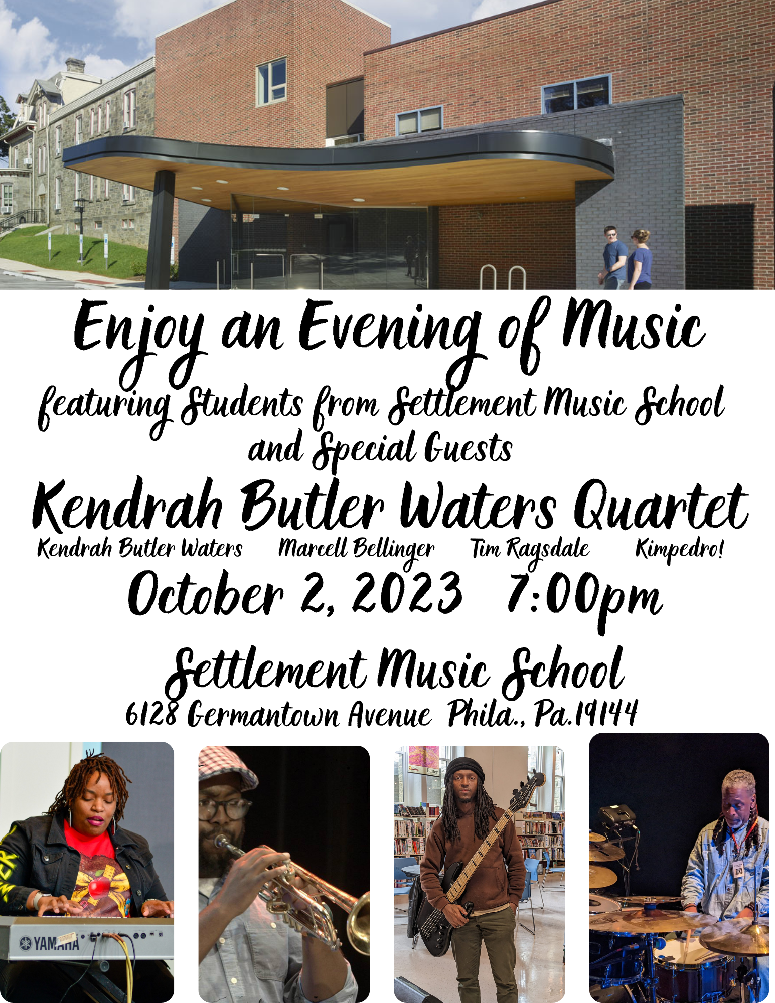 A poster for an evening of music featuring students from settlement music school and special guests.