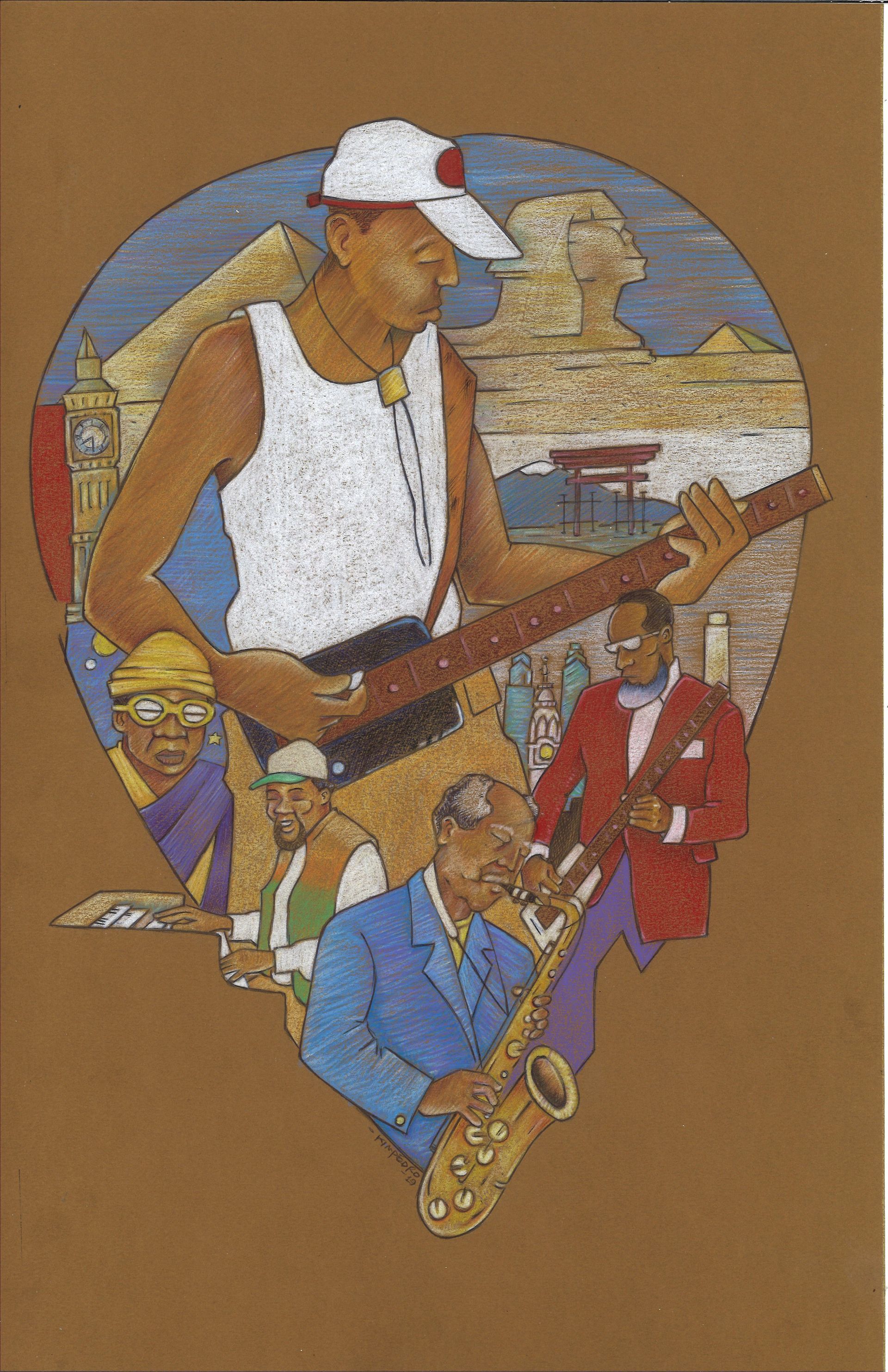 A painting of a man playing a guitar and a man playing a saxophone.