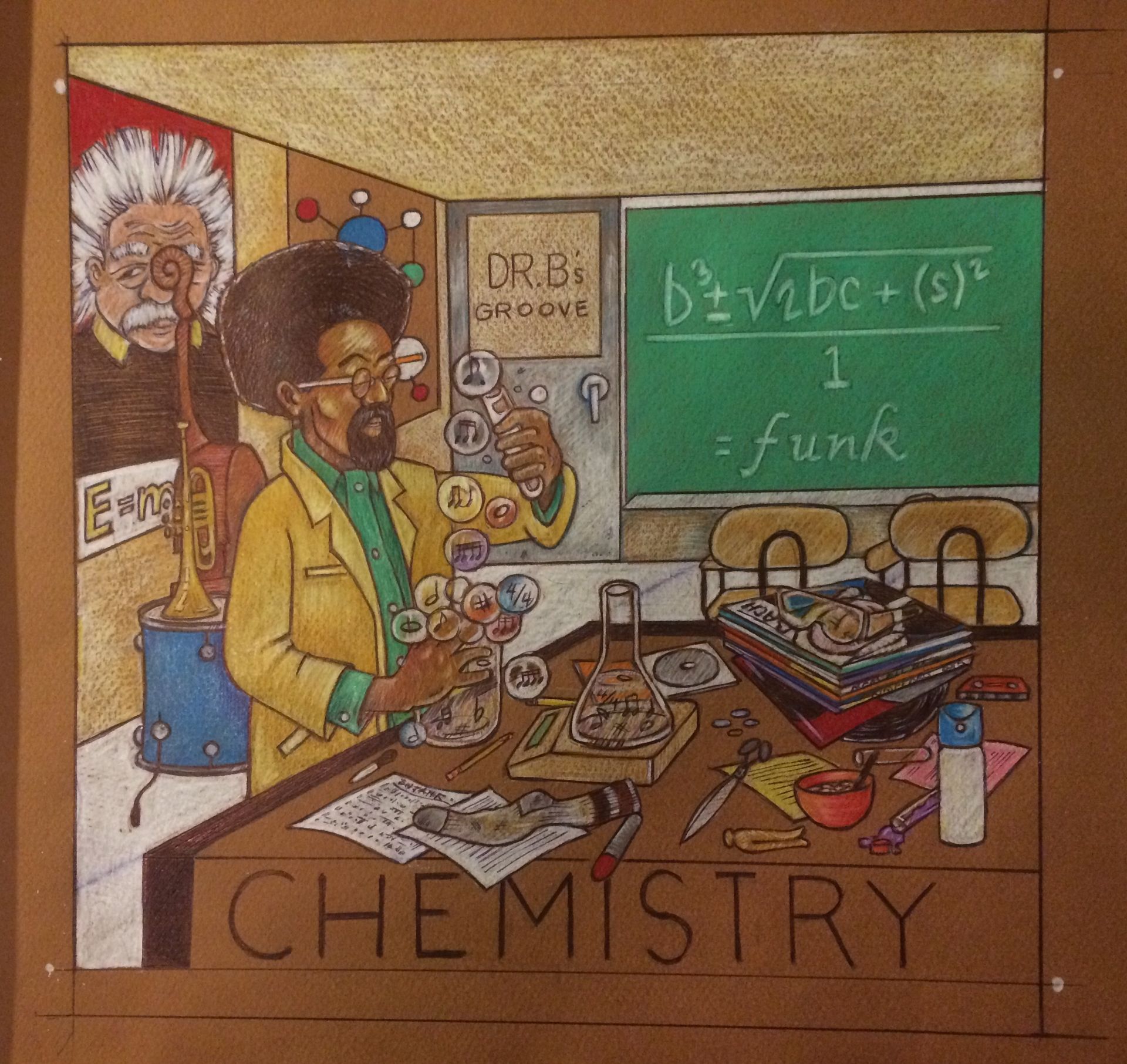 A drawing of a man in a lab with the word chemistry on the bottom