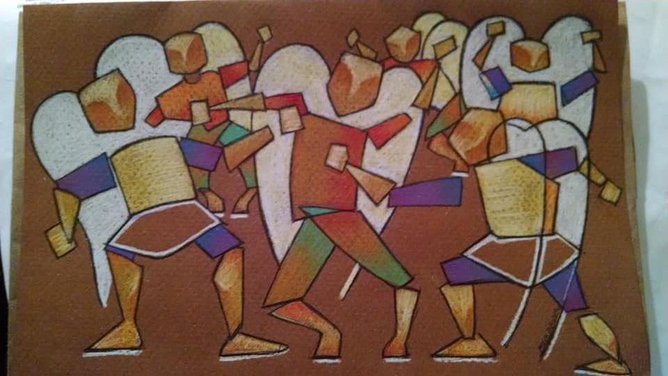 A painting of a group of people standing next to each other