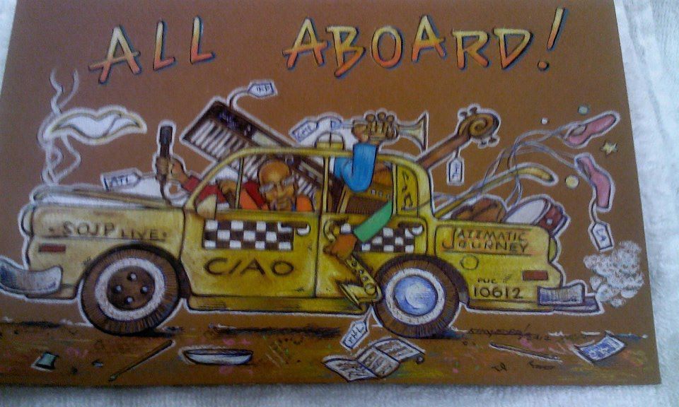 A cartoon drawing of a taxi that says all aboard