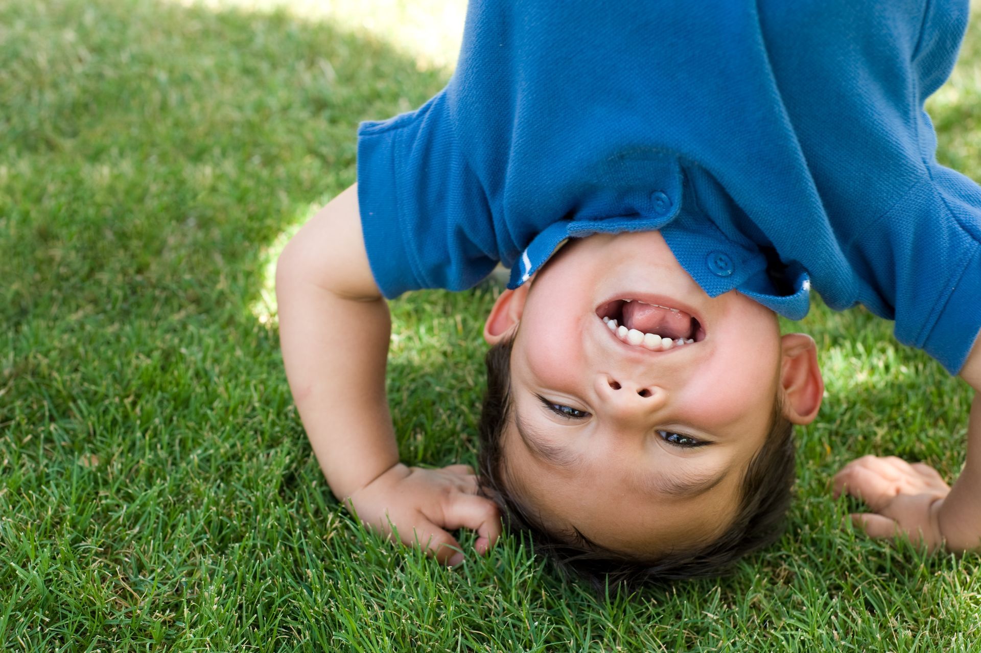 A young boy is doing a handstand in the grass.