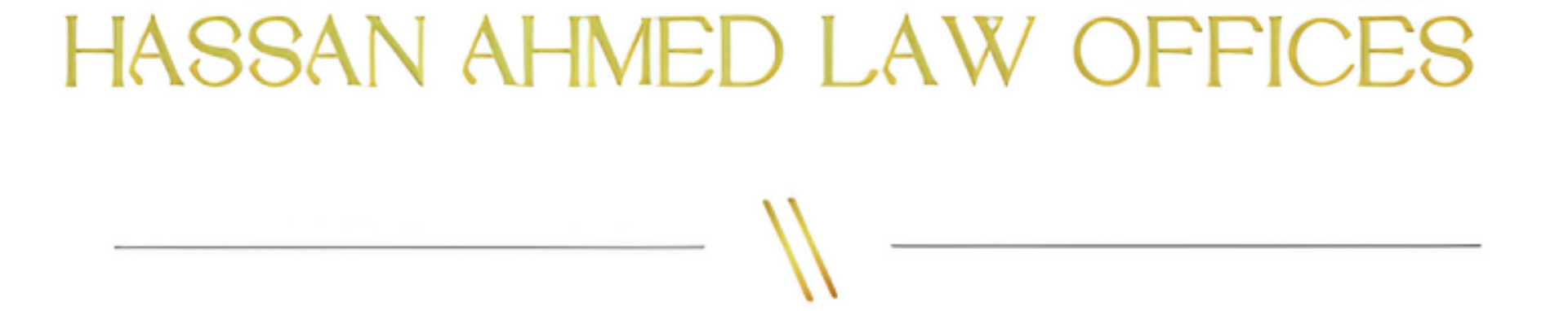 Logo for Hassan Ahmed Law Offices in gold text with a decorative line divider.