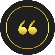 A gold quotation mark icon centered on a black circular background with a thin gold border.