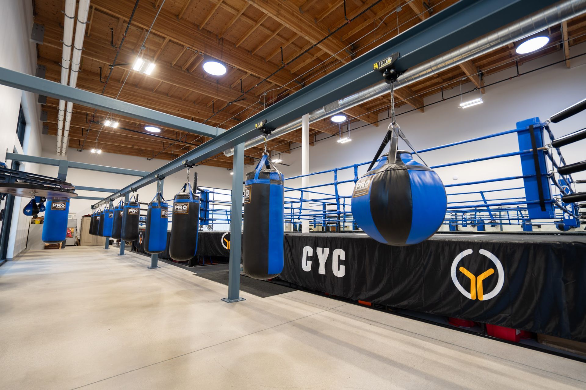 Indoor boxing gym with ring, hanging heavy bags, and high wooden ceiling