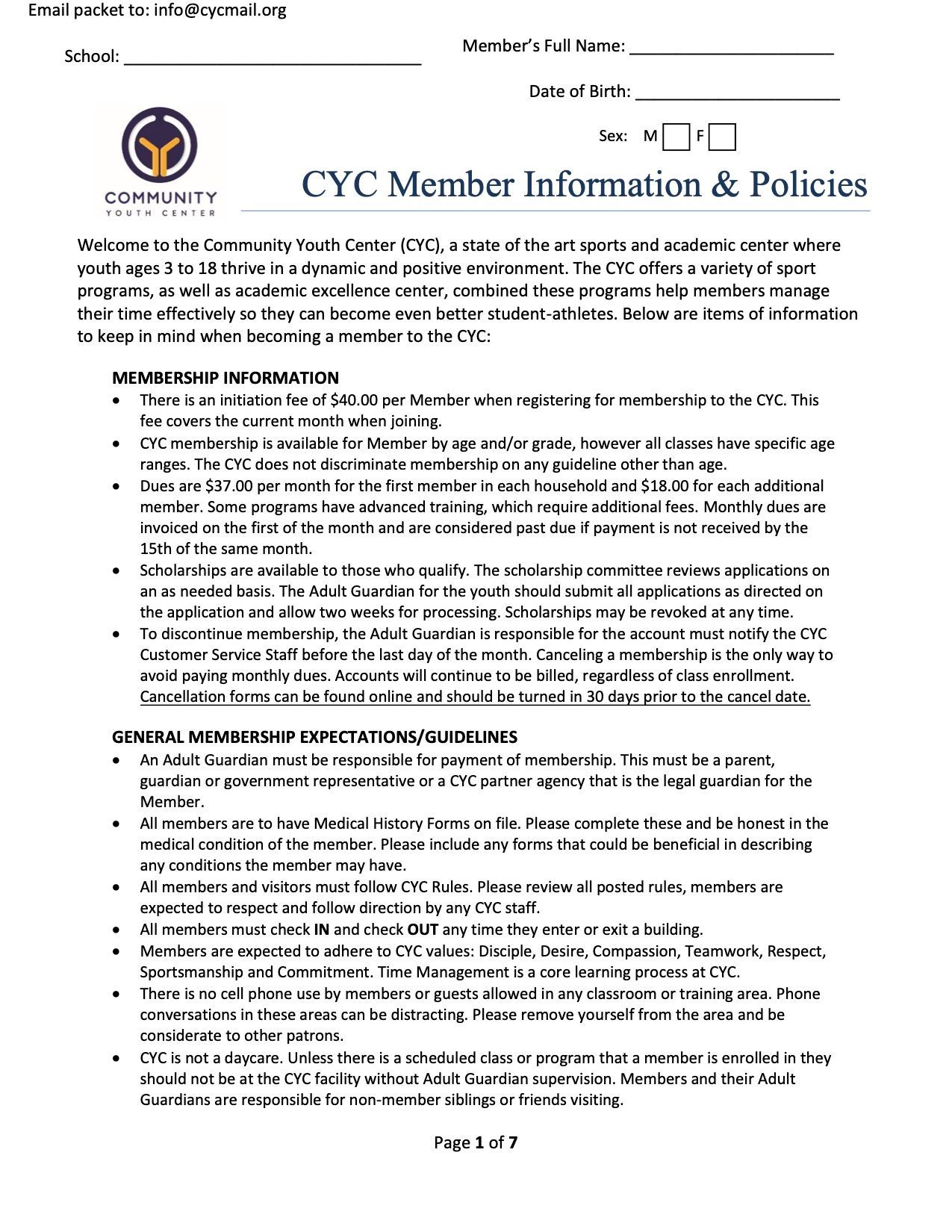 CYC Member Information & Policies form with logo, fields, and policy statements.