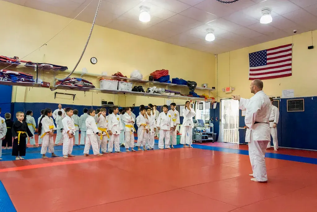 Martial arts class: Instructor facing students in white uniforms, yellow belts. American flag visible.