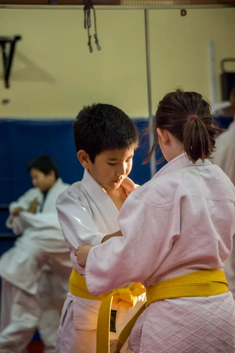 Two people in white judo uniforms, one adjusting the other's collar, with a yellow belt. Training in a dojo.