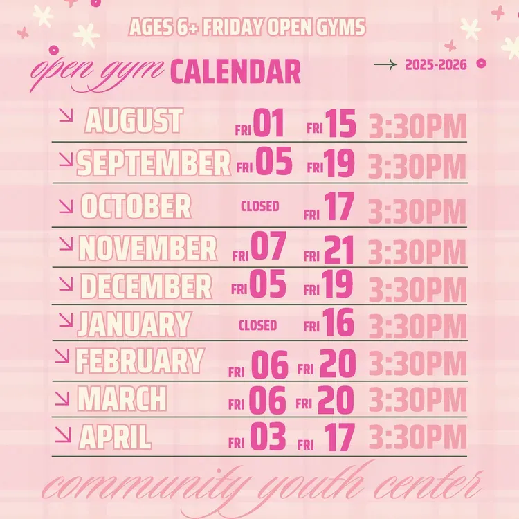 Pink calendar for Friday open gyms