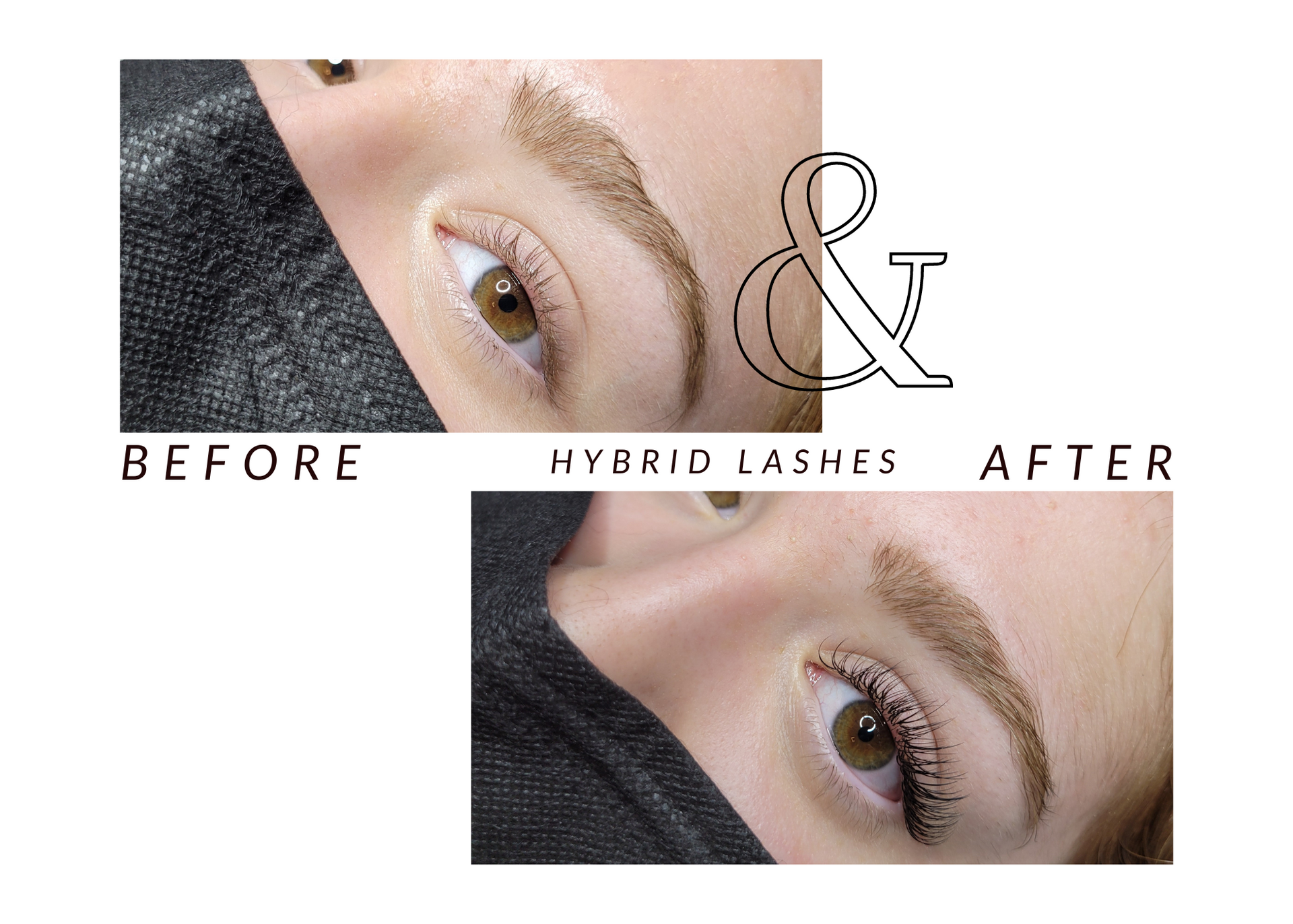 A before and after photo of a woman with hybrid lashes.