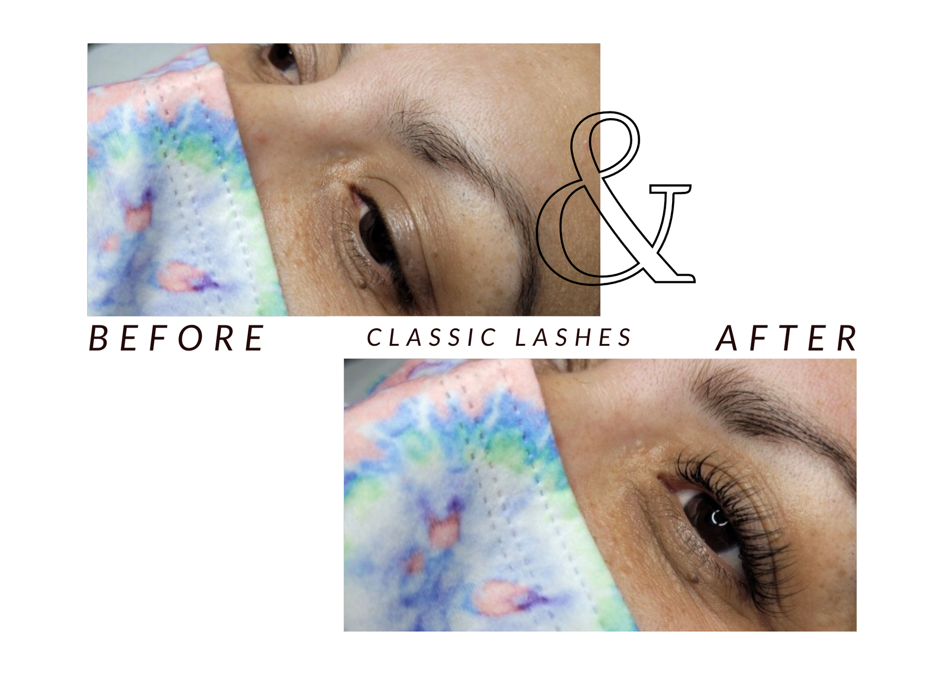 A before and after photo of a woman 's eyelashes.
